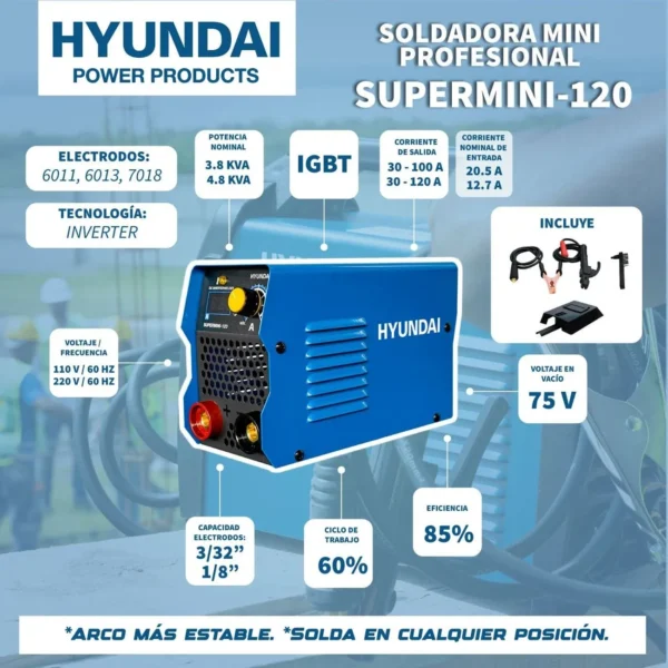 PLANTA DE SOLDAR MINI INVERTER PROFESIONAL HYUNDAI DUAL MMA 110V/100A 220V/120A - SUPERMINI-120 - Imagen 7